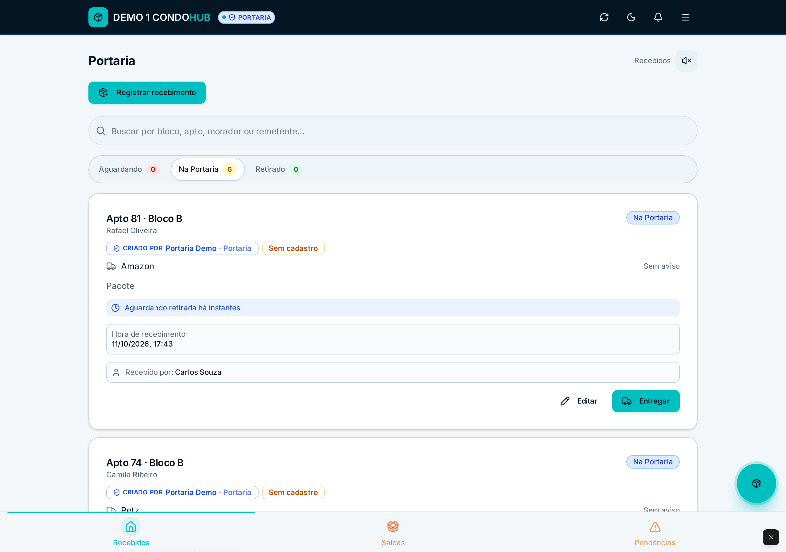 Tela da Portaria do CONDOHUB no computador, com encomendas na portaria